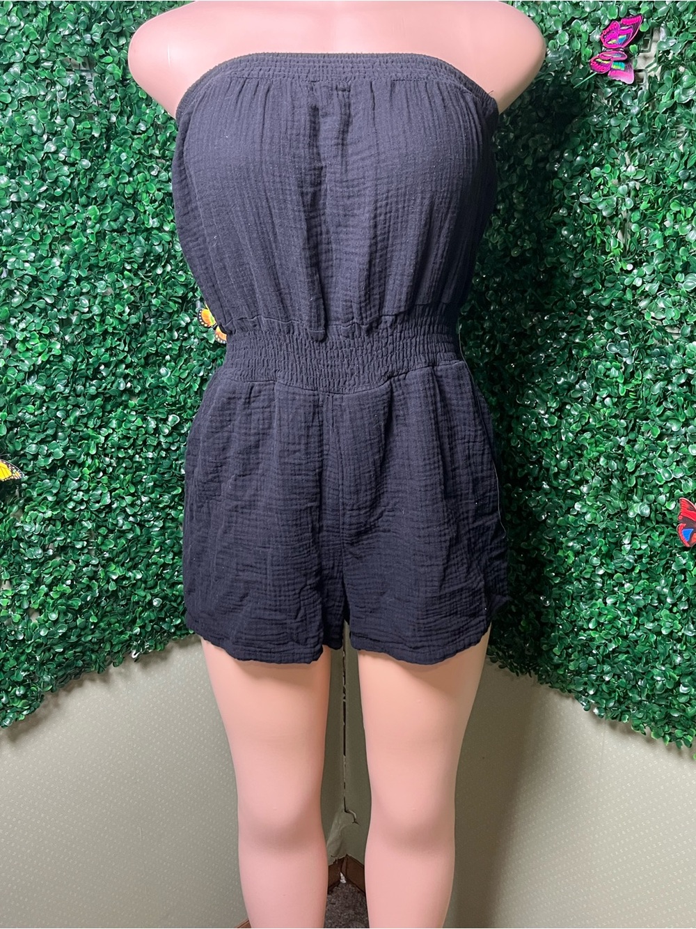 No Boundaries Black Strapless Romper with Smocked Waist